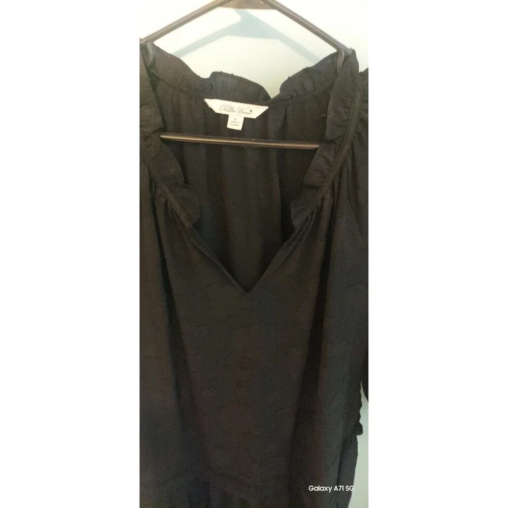 ! Tiered Midi Ruffle Jacquard Print Dress Large Black 3/4 Sleeves - Picture 2 of 11